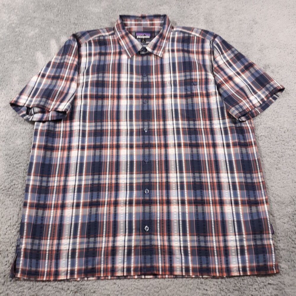 Patagonia Button Up Shirt Mens XL Blue‎ Plaid Poly Organic Cotton Hiking Outdoor